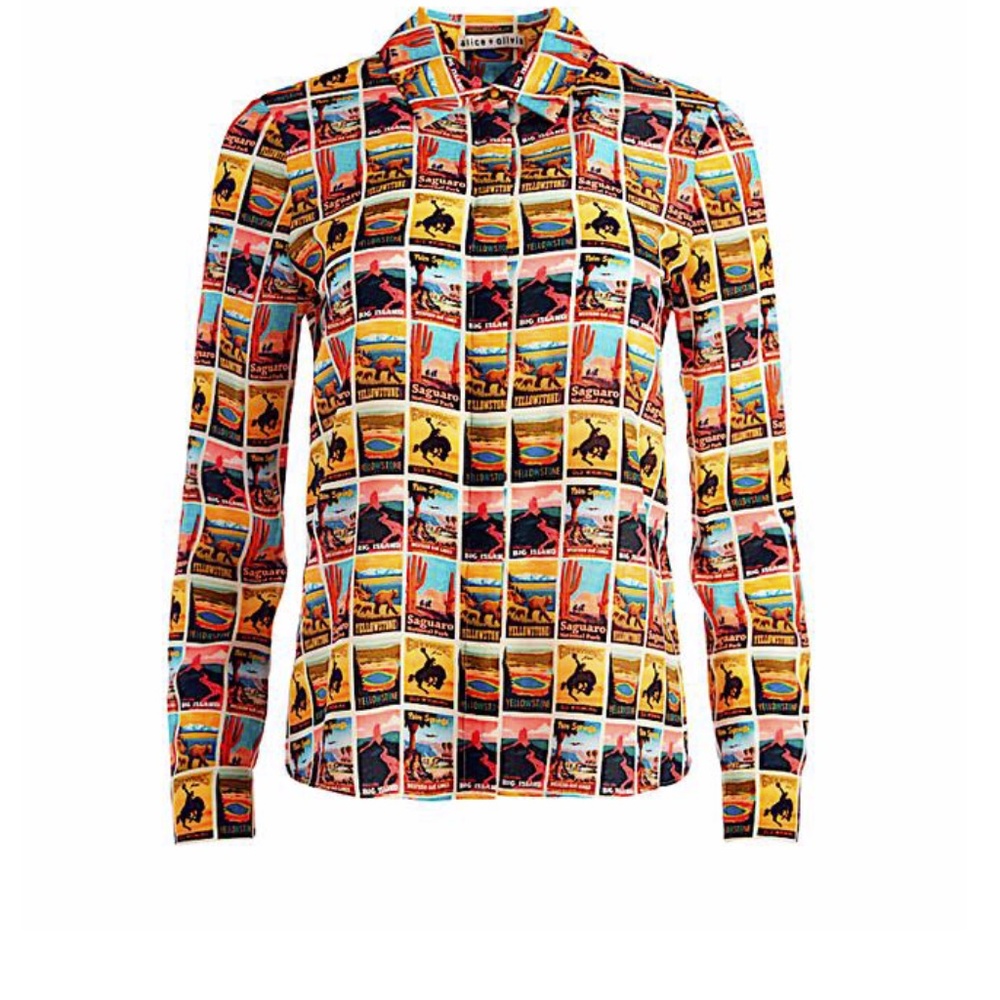 Alice + Olivia Western Postcard with Tag Print Silk Shirt Button-down Top - Picture 12 of 15